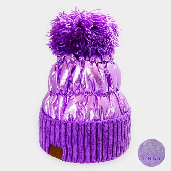 Metallic Foil FRINGE Pom Pom Puffer Knit Beanie (w/Fleece Lining), Winter Cap - Picture 5 of 5
